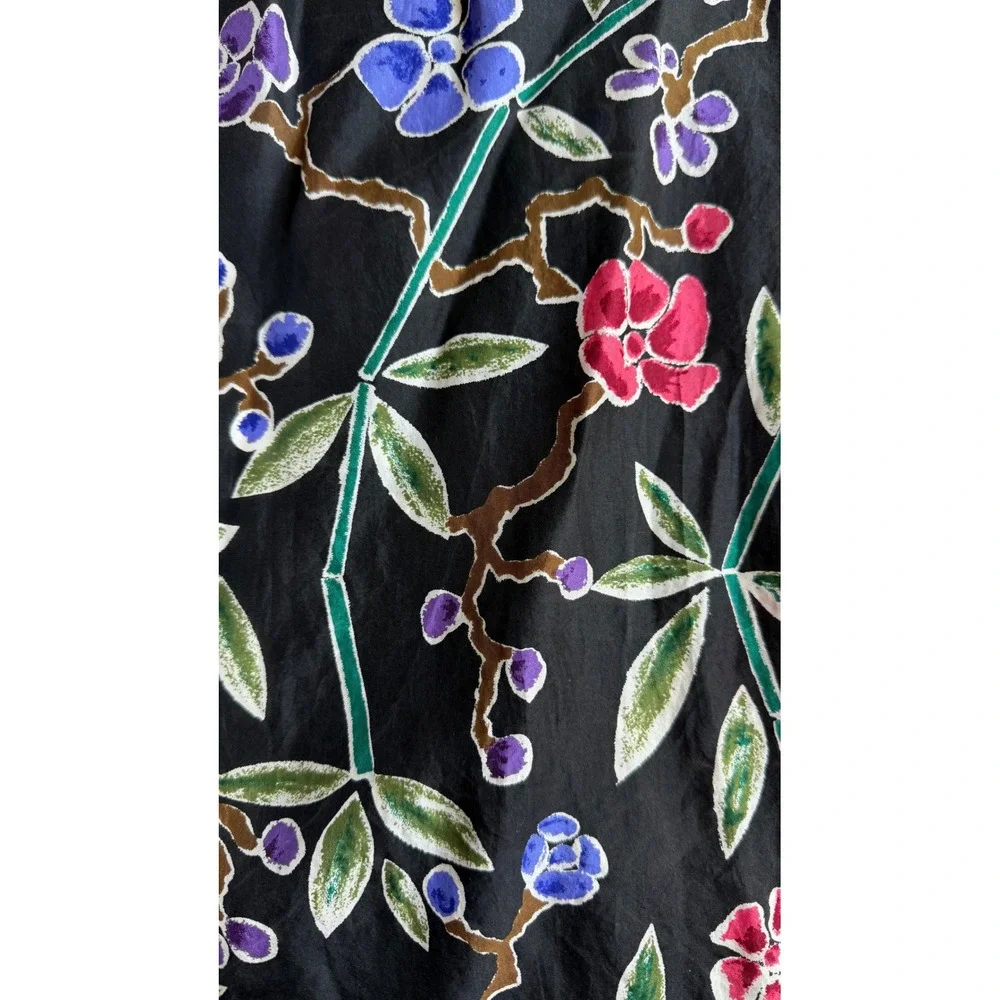 Vintage 100% Silk Floral Scarf Black Red Blue Botanical Rectangular
